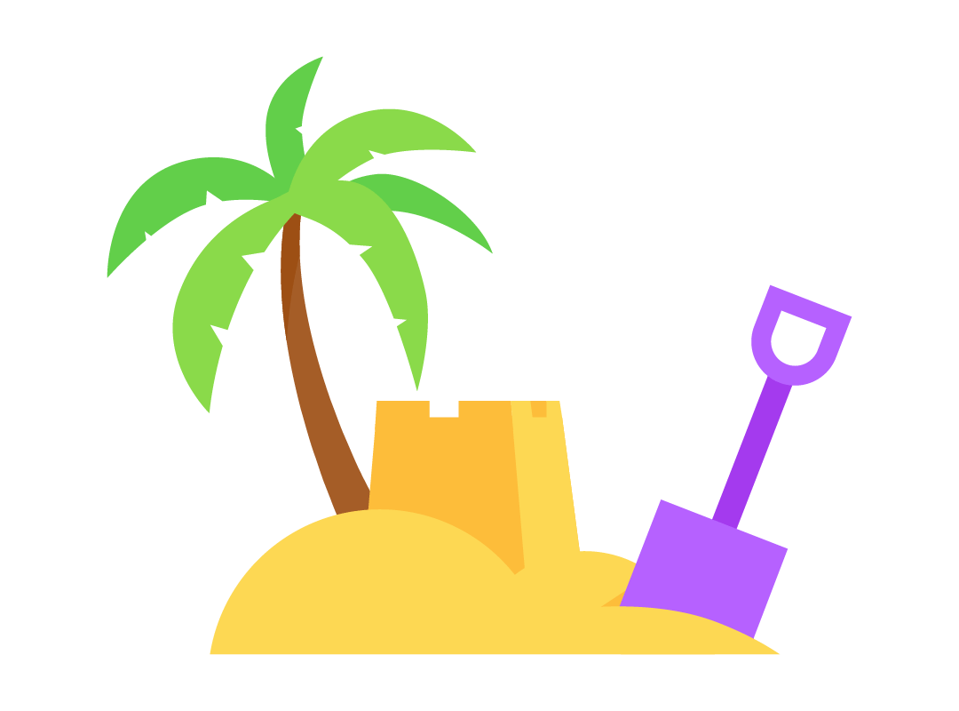 A sand castle and spade on a beach with a palm tree in the distance.