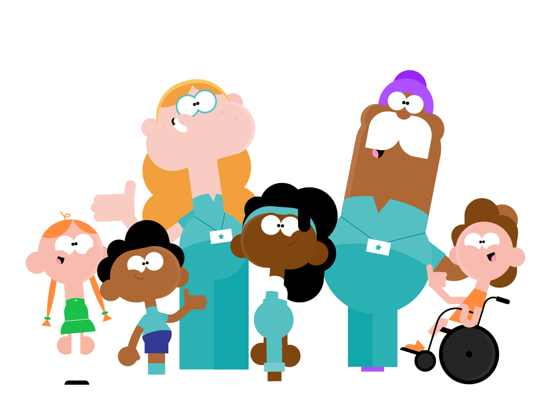 A group of clinicians and children all looking happy. 