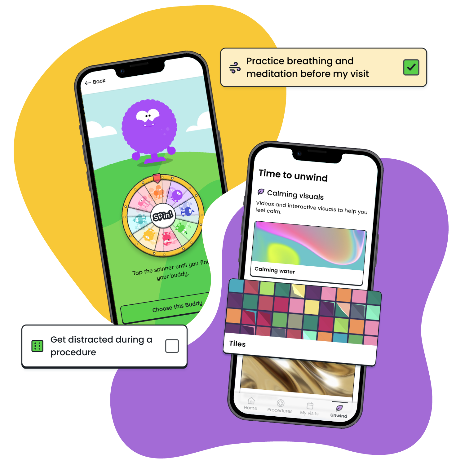 Phone screens showcasing the distraction and coping features of the Trial Flow app.