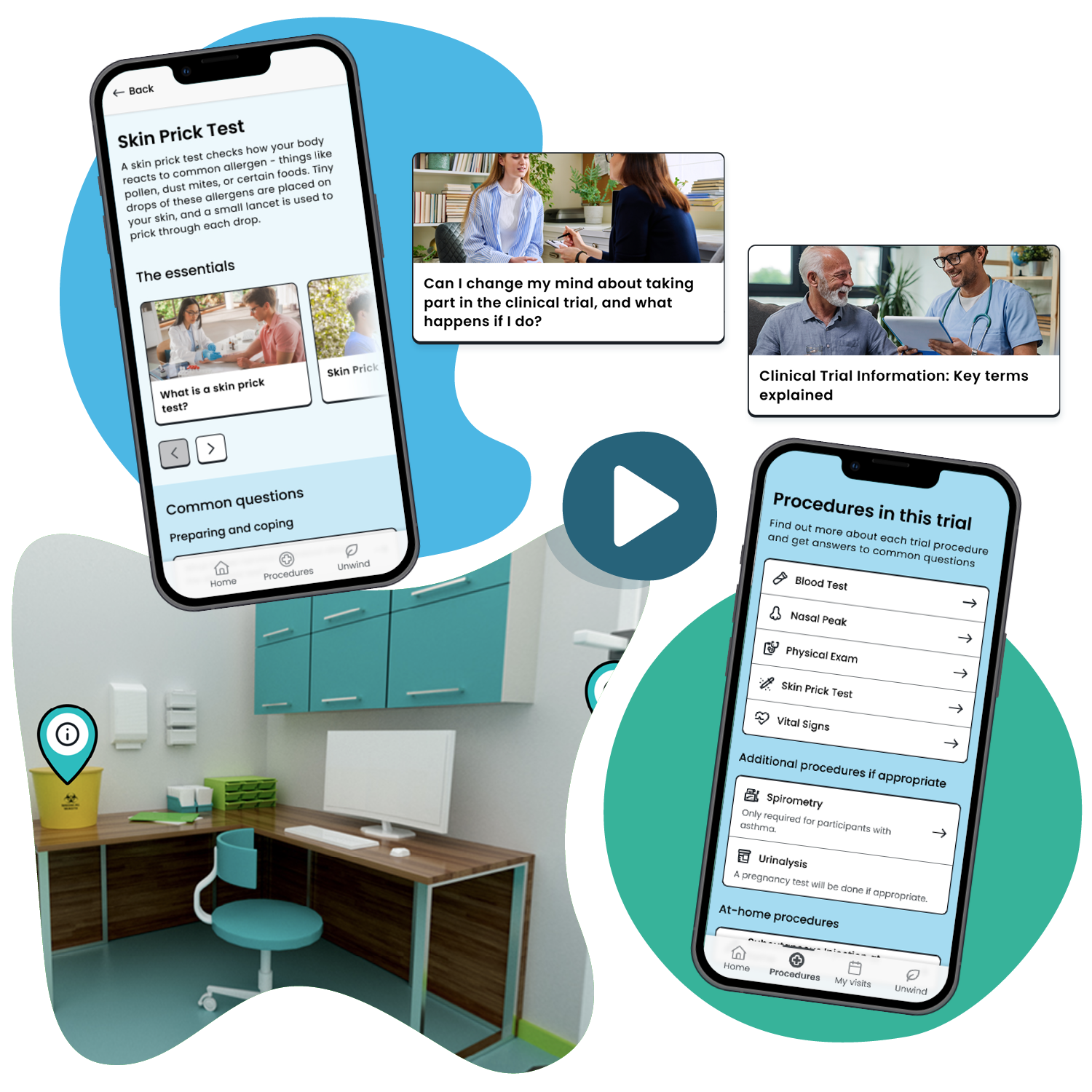 Phone screens showcasing the educational features of the Trial Flow app.