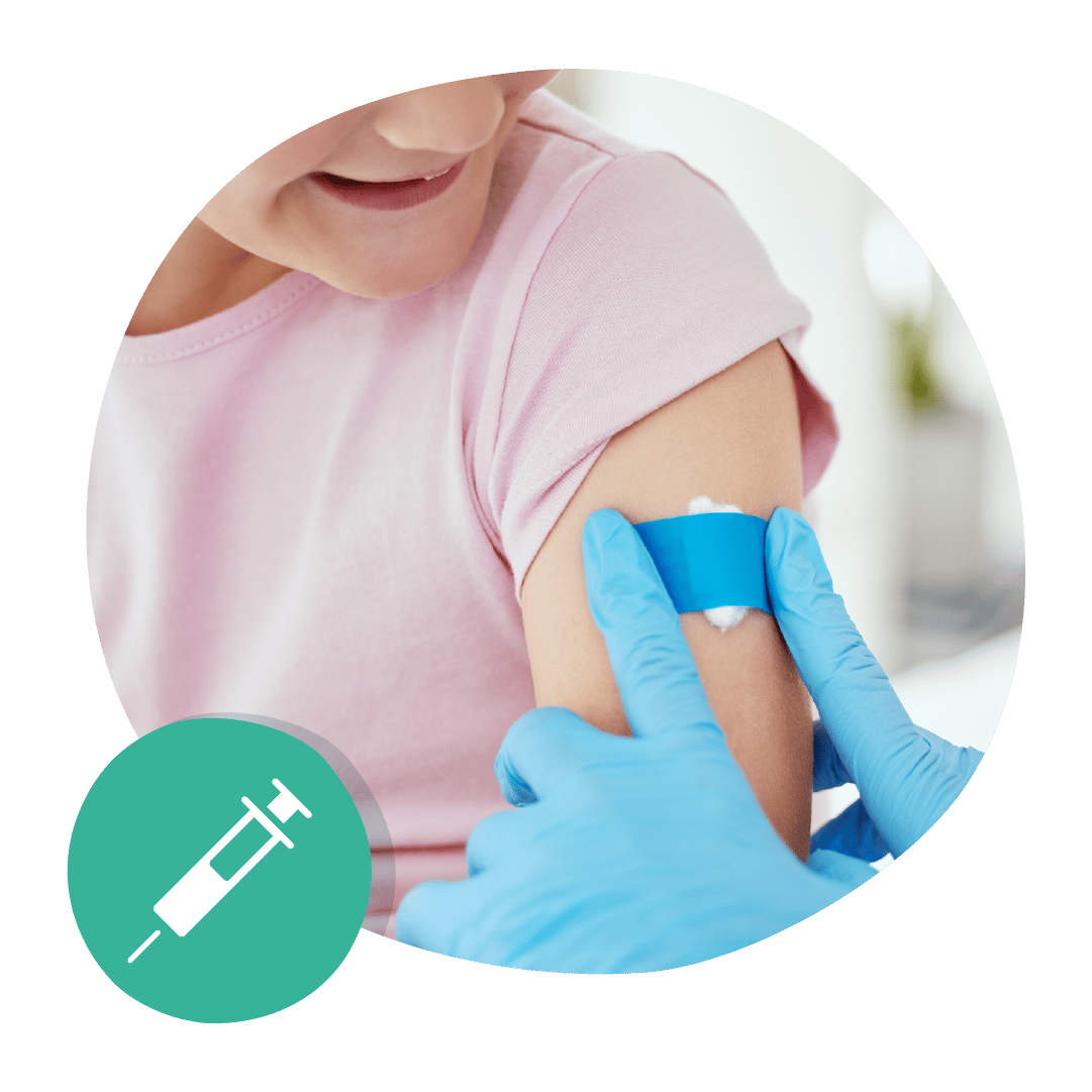 A clinician is placing cotton wool and a plaster over a child's arm. Next to this in a green circle is an icon of a needle