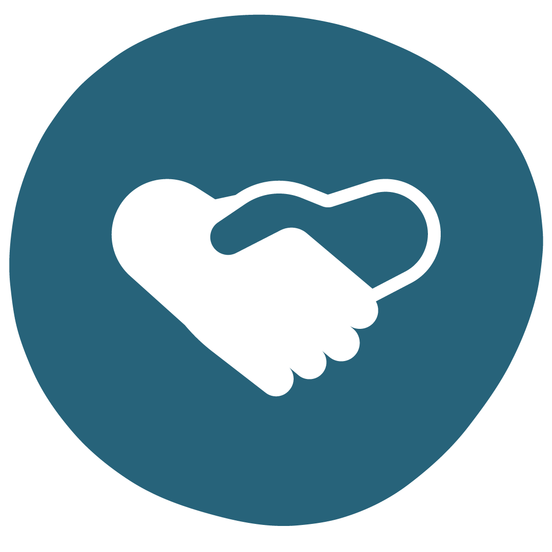 An icon in a dark blue circle shows shaking hands