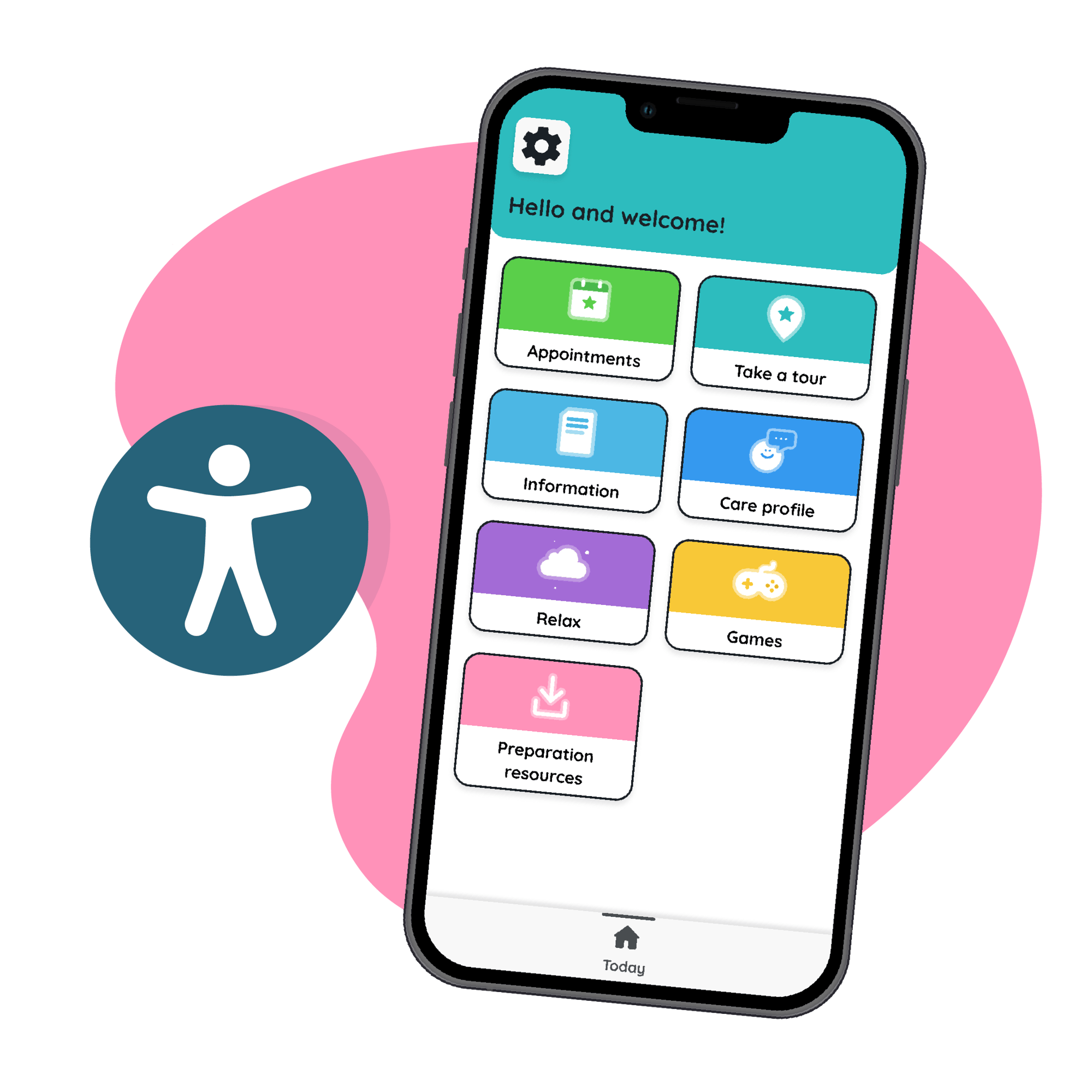 The accessibility icon sits alongside a phone screen showing the Little Journey app home screen The accessibility icon sits alongside a phone screen showing the Little Journey app home screen
