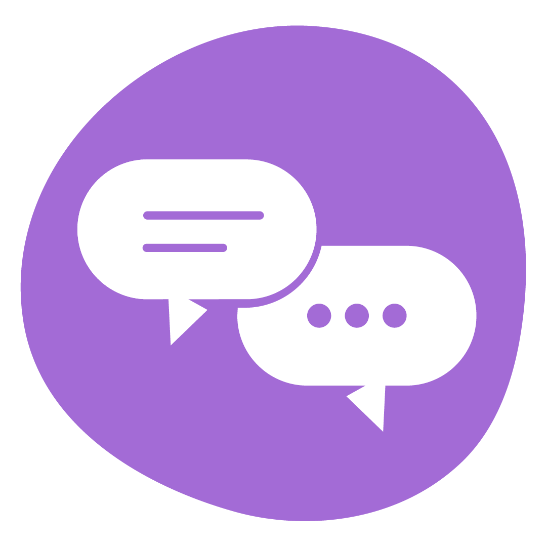 Two white speech bubbles are in a purple circle