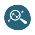 A white magnifying glass icon is inspecting a graph on a dark blue circular background