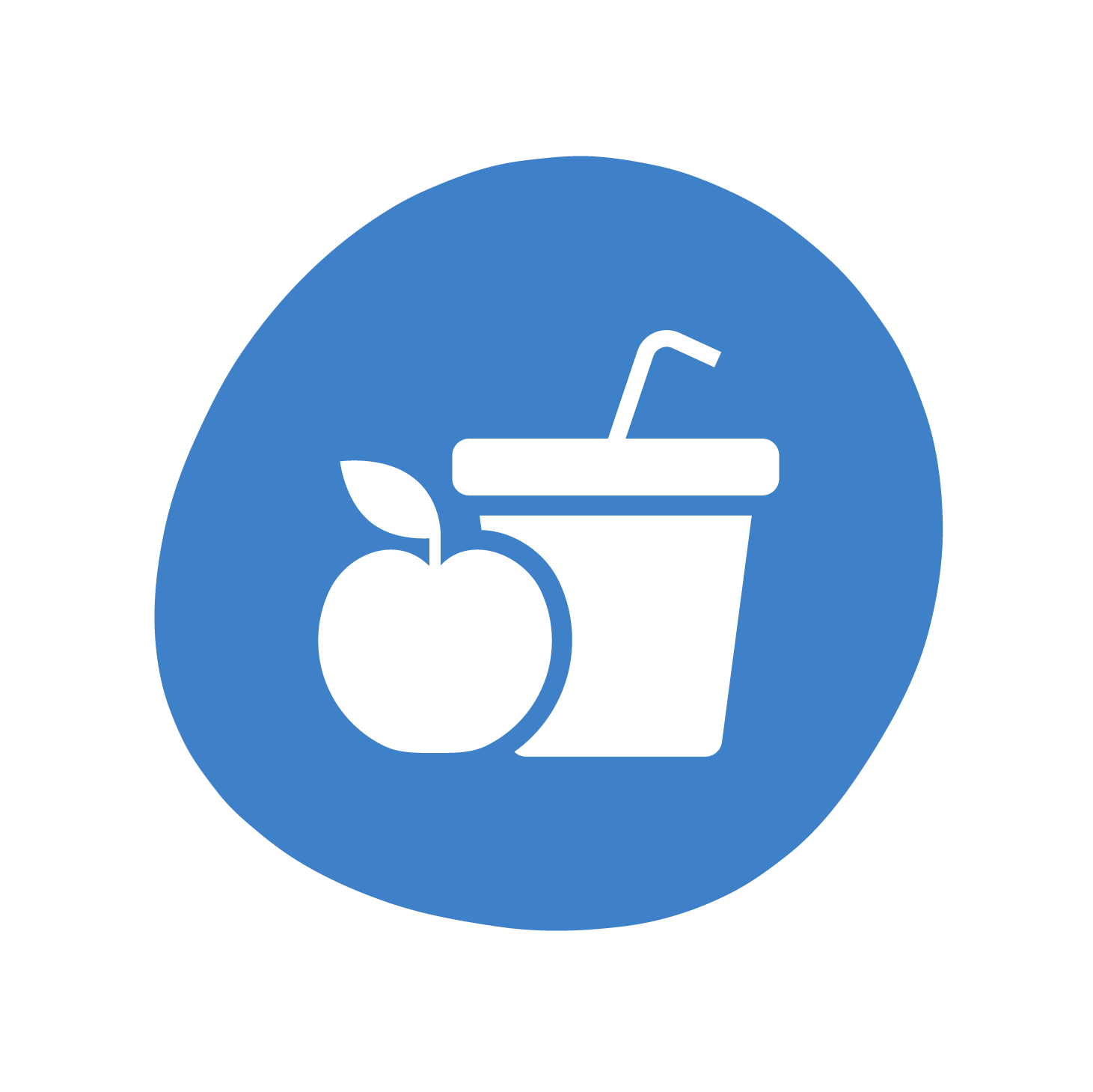 A white icon showing a drinks cup with an apple next to it on a dark blue circular background A white icon showing a drinks cup with an apple next to it on a dark blue circular background