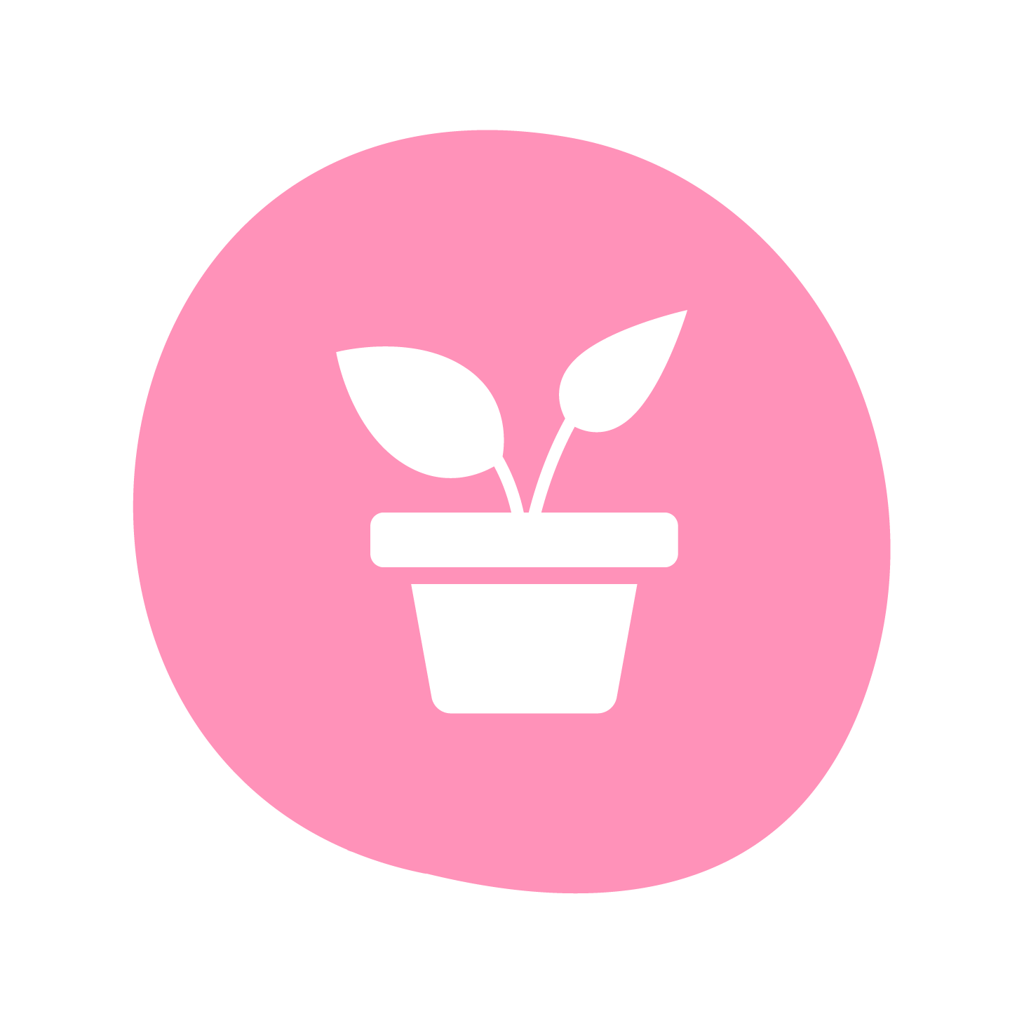 A white potted plant icon on a light pink circular background