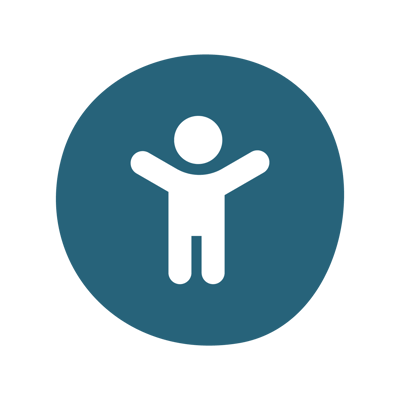 A white icon showing a small stick figure on a dark blue circular background A white icon showing a small stick figure on a dark blue circular background