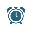 A dark blue icon of an alarm clock