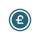 A dark blue icon of a coin with the Great British Pound symbol in the centre