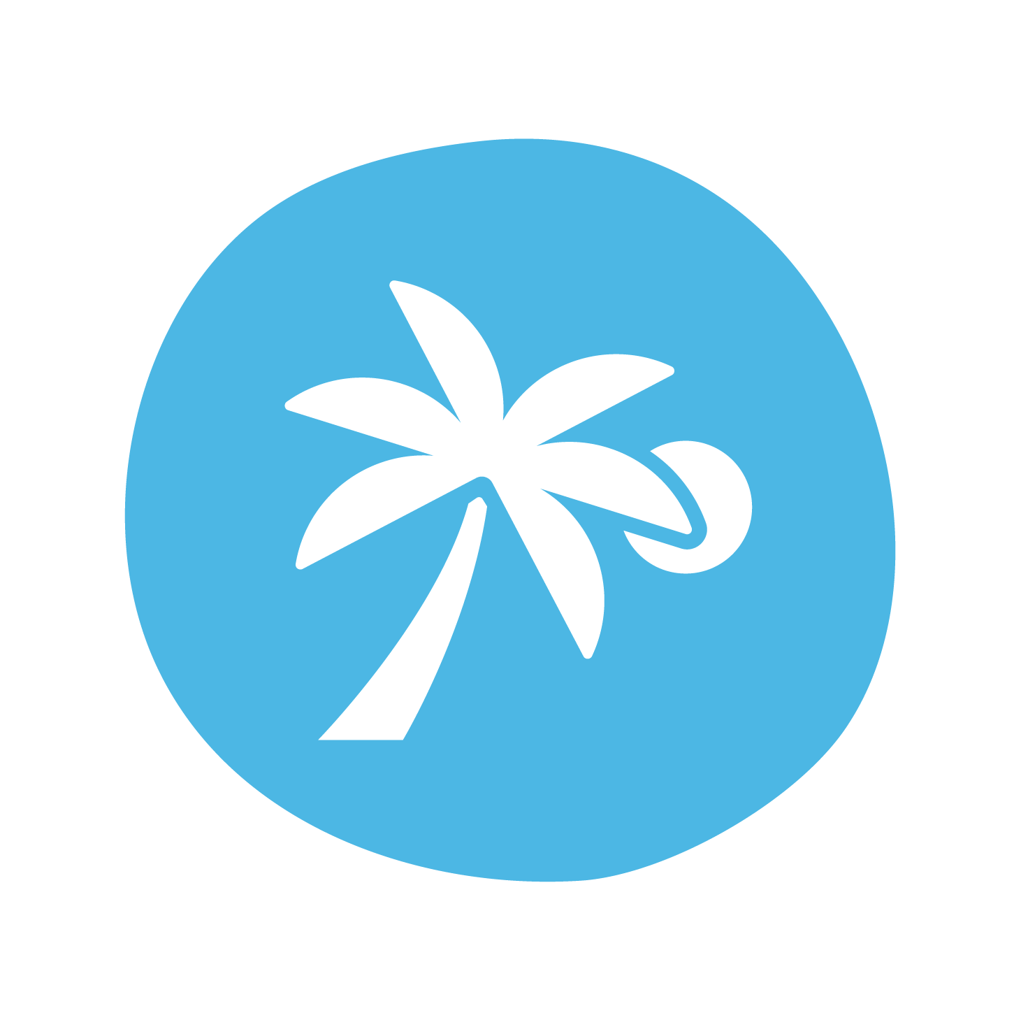 A white icon showing a palm tree and sun on a light blue circular background A white icon showing a palm tree and sun on a light blue circular background
