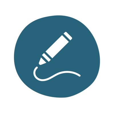 A white crayon icon on a dark blue circular background A white crayon icon on a dark blue circular background
