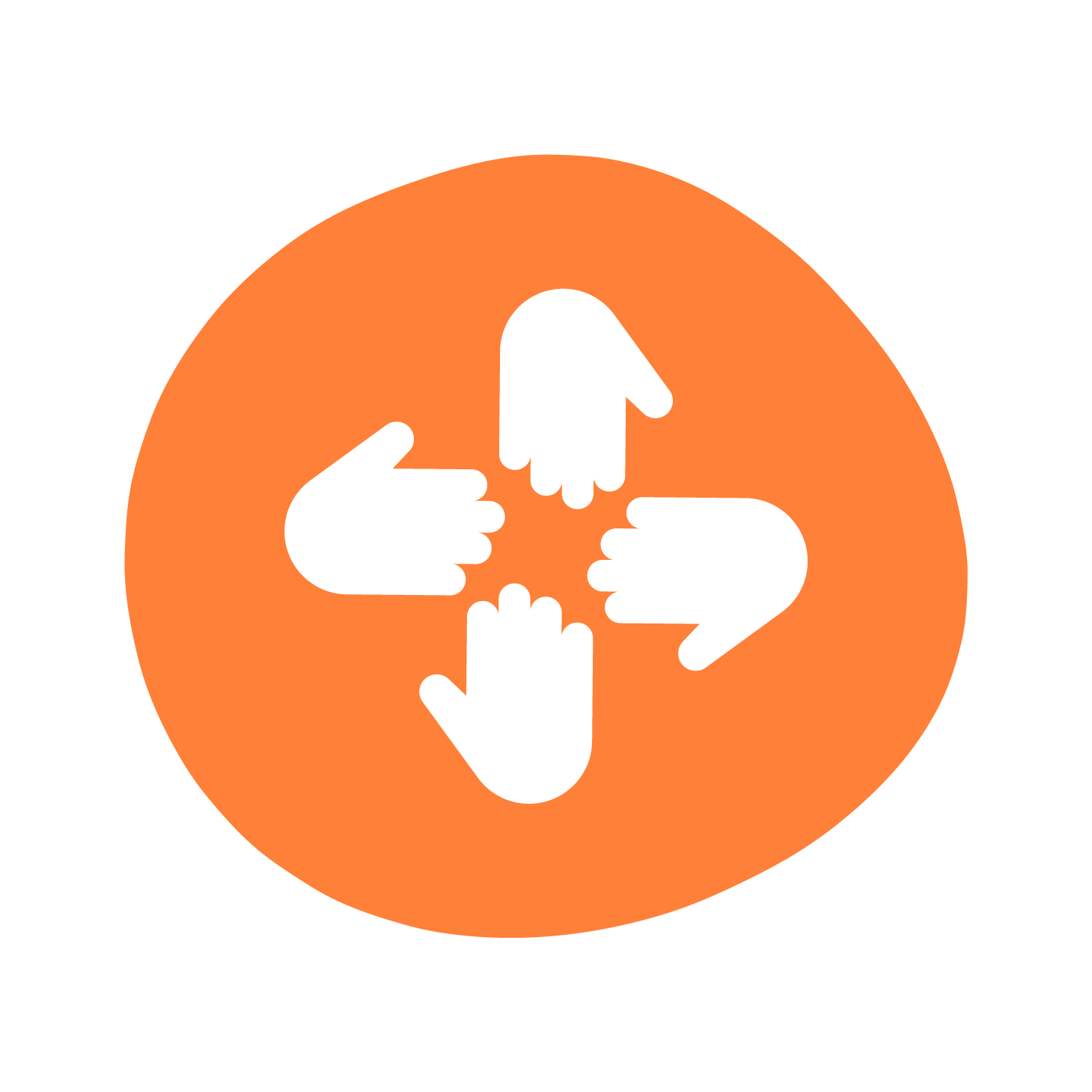 Four icon hands are reaching towards each other on an orange circular background