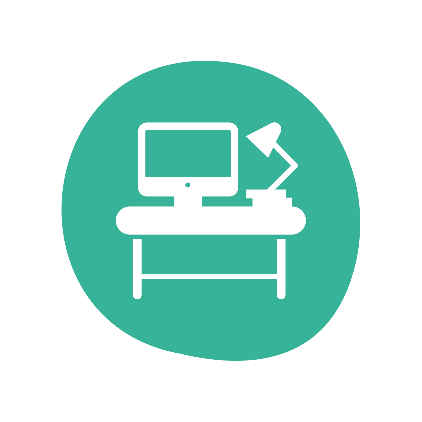 An icon of a desk with a computer, books and lamp on top on a teal circular background