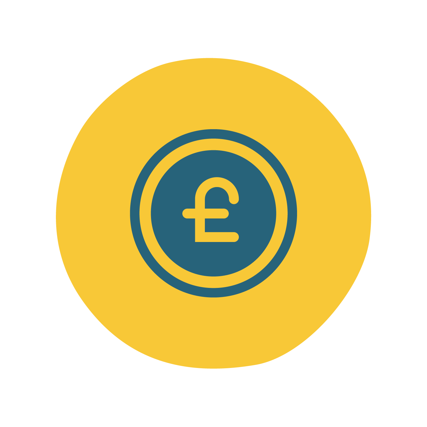 A dark blue icon of a coin with the Great British Pound symbol in the centre on a yellow circular background A dark blue icon of a coin with the Great British Pound symbol in the centre on a yellow circular background