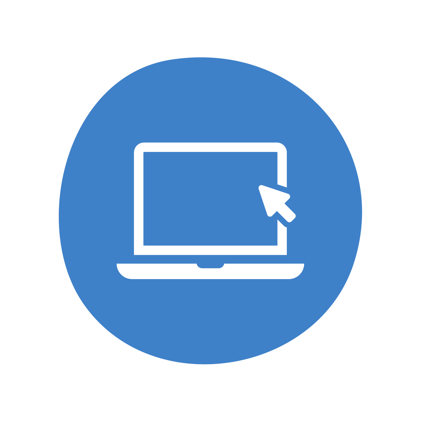An icon of a laptop, with the mouse curser in the top corner on a blue circular background An icon of a laptop, with the mouse curser in the top corner on a blue circular background