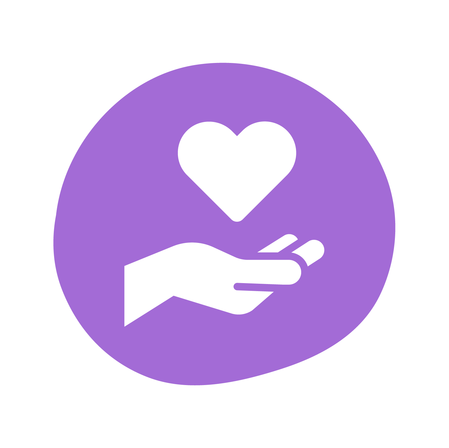 A cupped hand with a love heart floating above it on a purple circular background A cupped hand with a love heart floating above it on a purple circular background