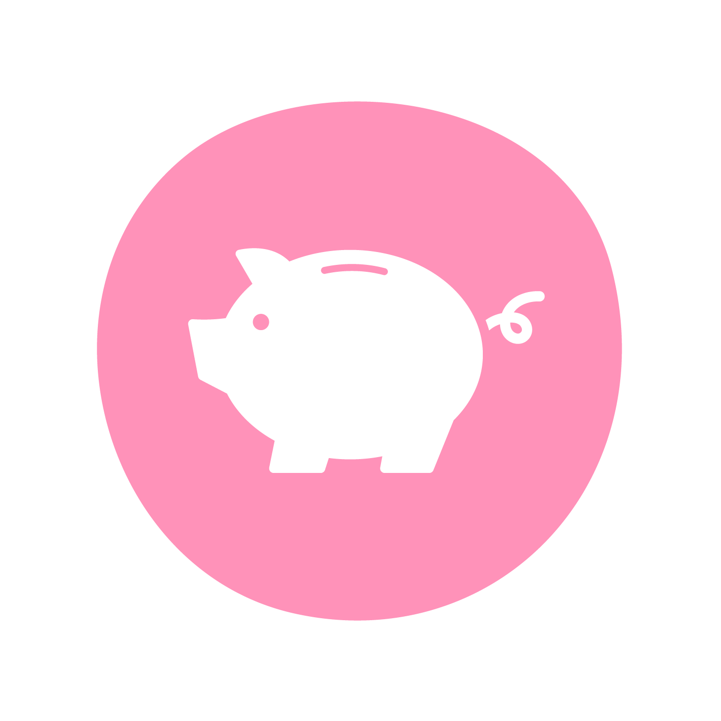 A white piggy bank icon on a light pink circular background