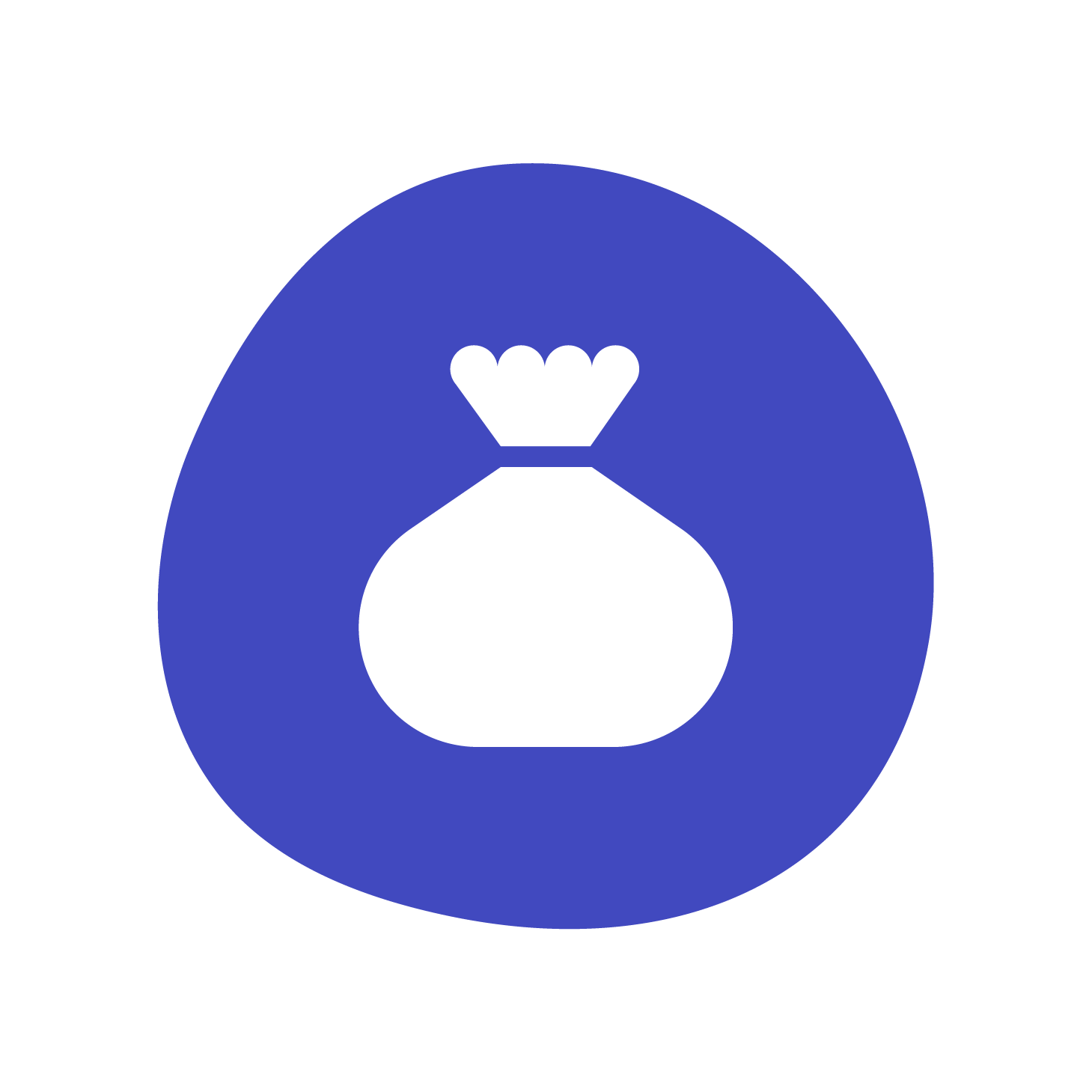 A white pouch icon on a dark blue circular background A white pouch icon on a dark blue circular background