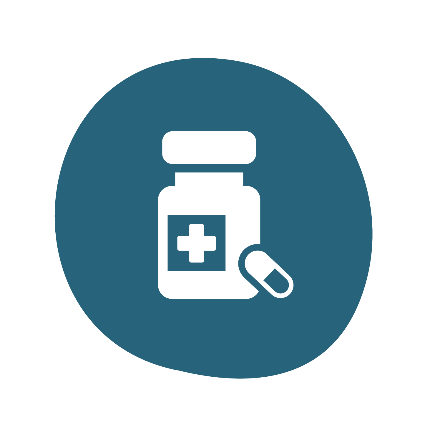 A white icon showing a medication bottle and a pill next to it on a dark blue circular background A white icon showing a medication bottle and a pill next to it on a dark blue circular background
