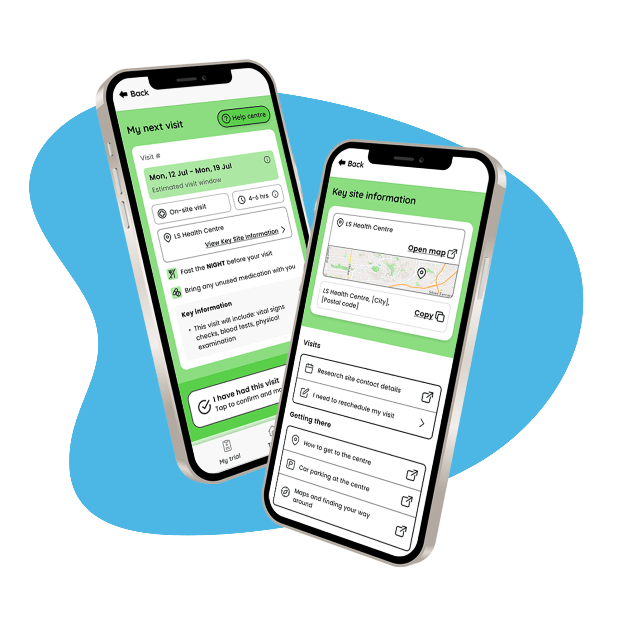 Two phones are side by side. One phone screen is showing the date, time and key information about an appointment. The second screen shows key hospital information, such as location and parking information.