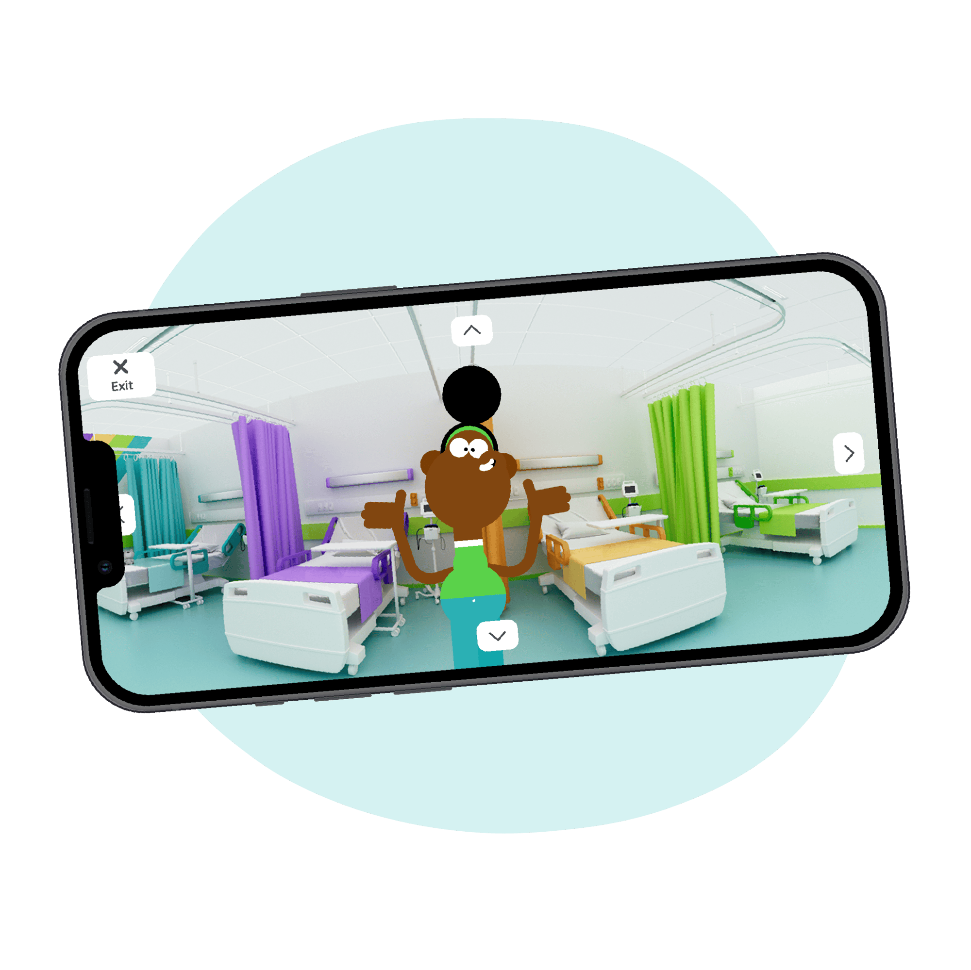A phone is presented on its side. The screen shows a smiling character in a hospital ward full of beds. A phone is presented on its side. The screen shows a smiling character in a hospital ward full of beds.