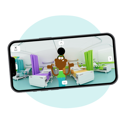 A phone is presented on its side. The screen shows a smiling character in a hospital ward full of beds.