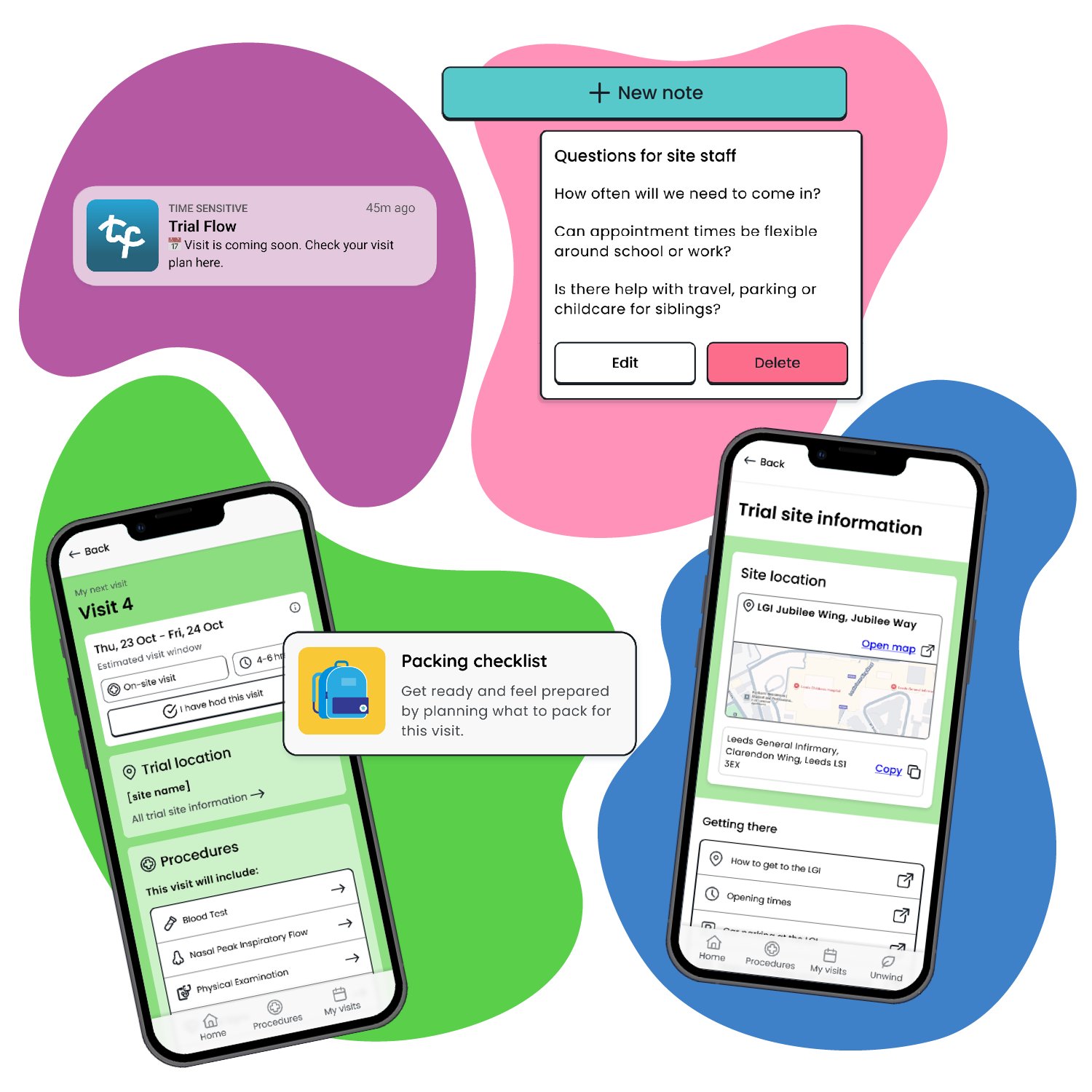 Phone screens showcasing the logistical features of the Trial Flow app.