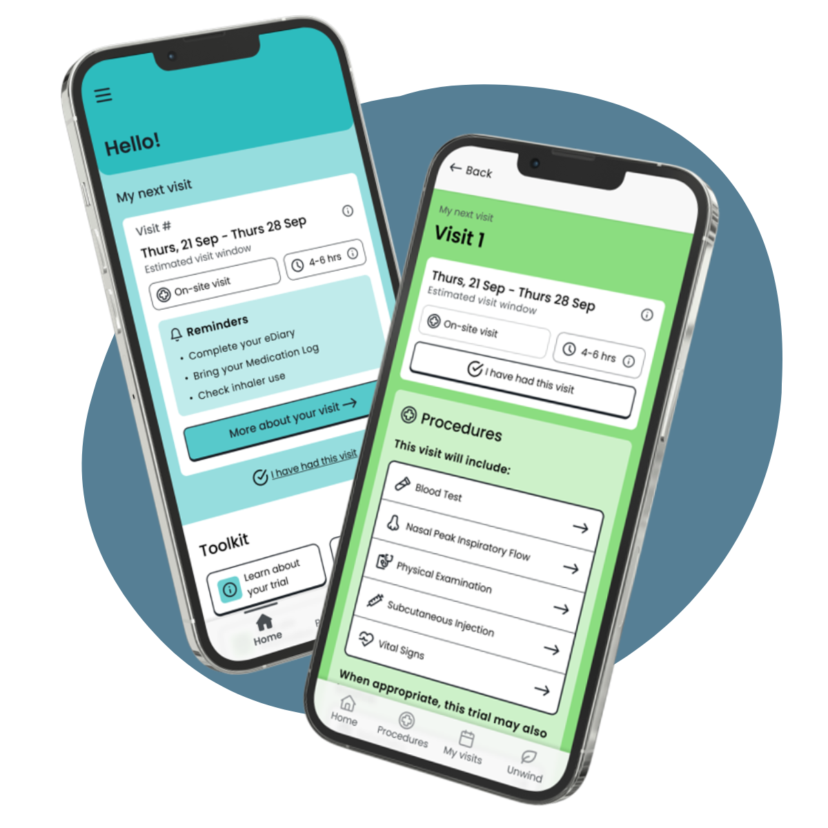 Two phone screens displaying the My Next Visit home screen section and a visit overview page
