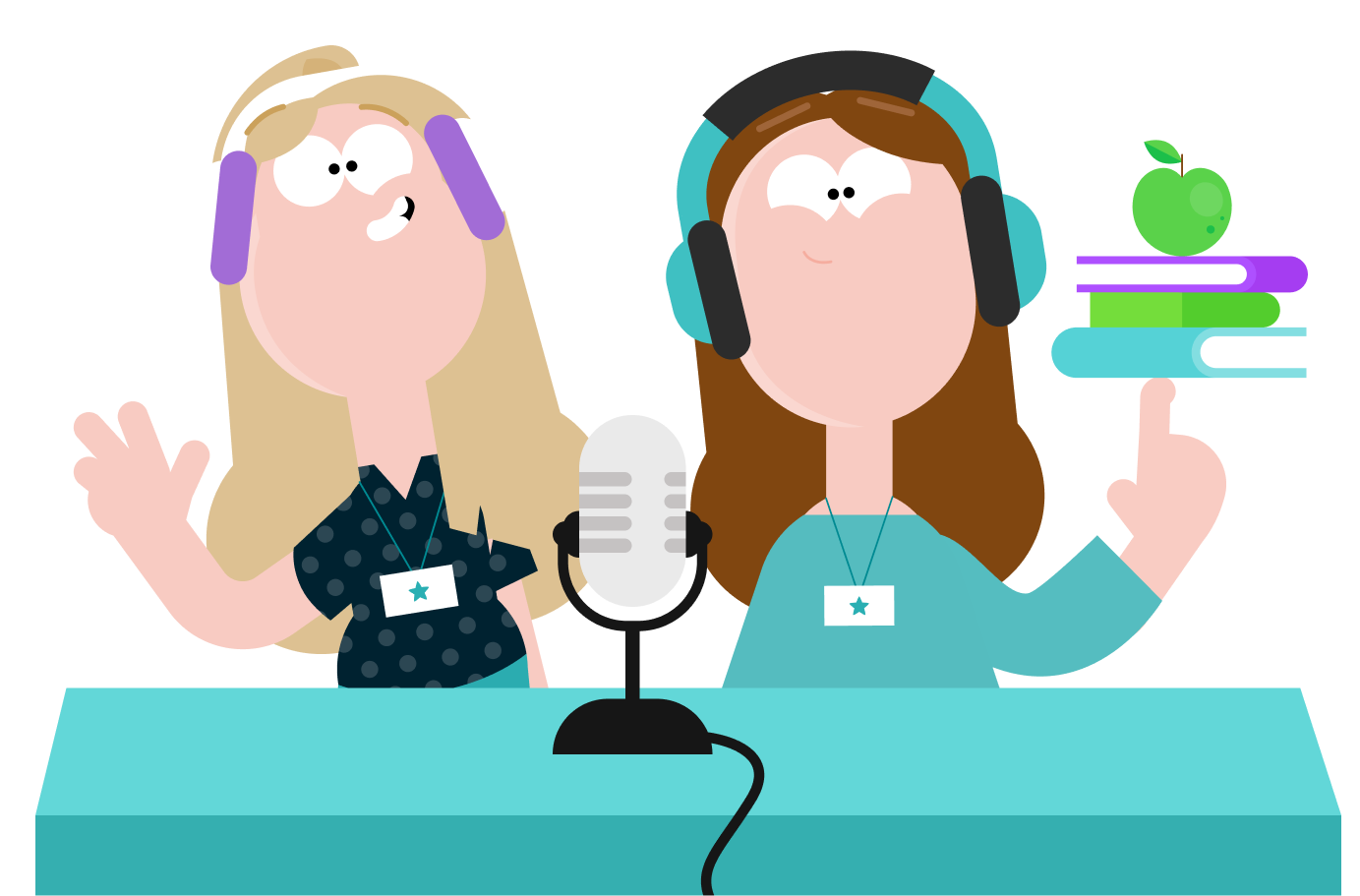 Two people both wearing headphones sit at a table with a microphone. One is waving while the other holds a stack of books with an apple on top.