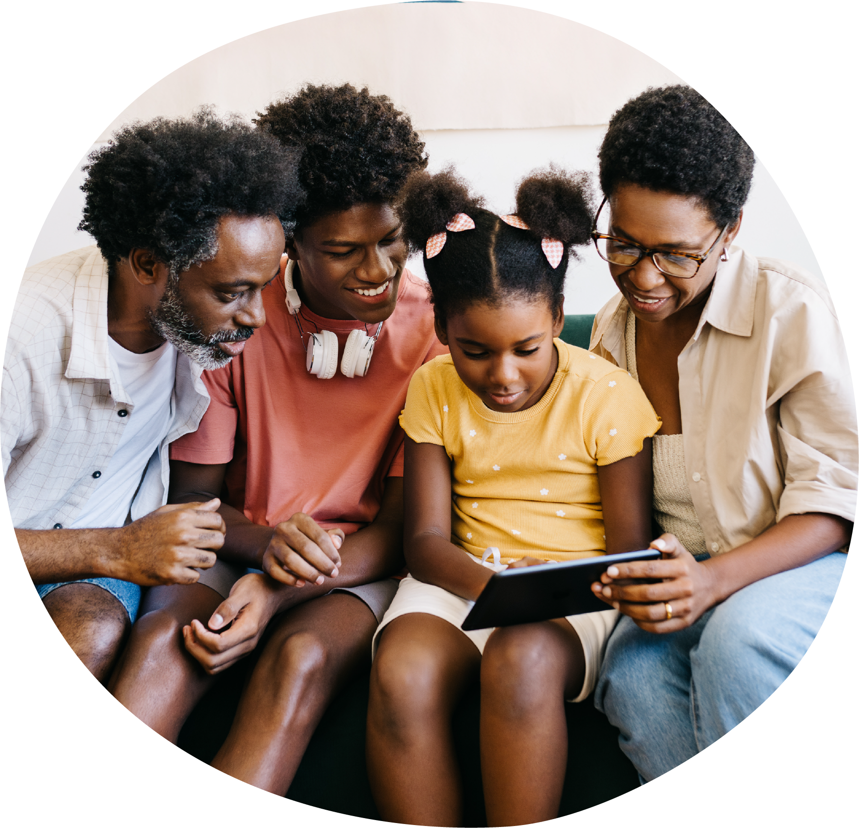 Family using a digital device to engage with information