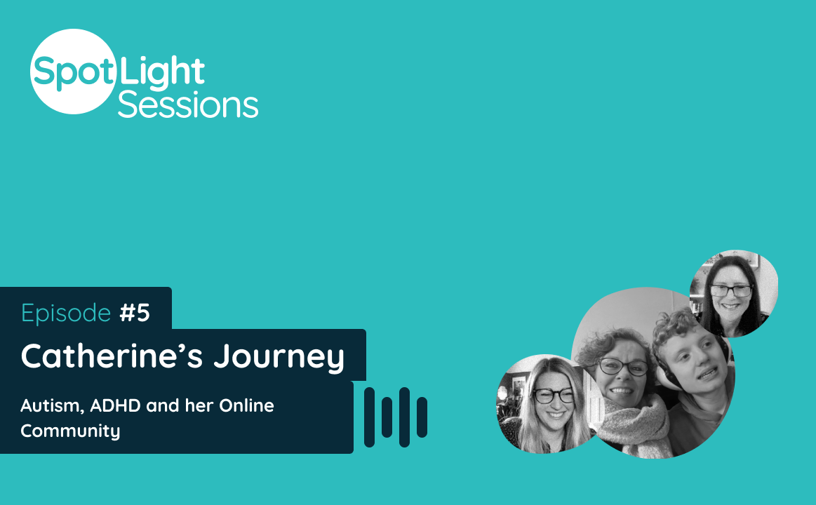 A podcast thumbnail saying "SpotLight Sessions Episode 5: Catherine’s Journey: Autism, ADHD and her online community”, featuring black and white photos of the guest and hosts.