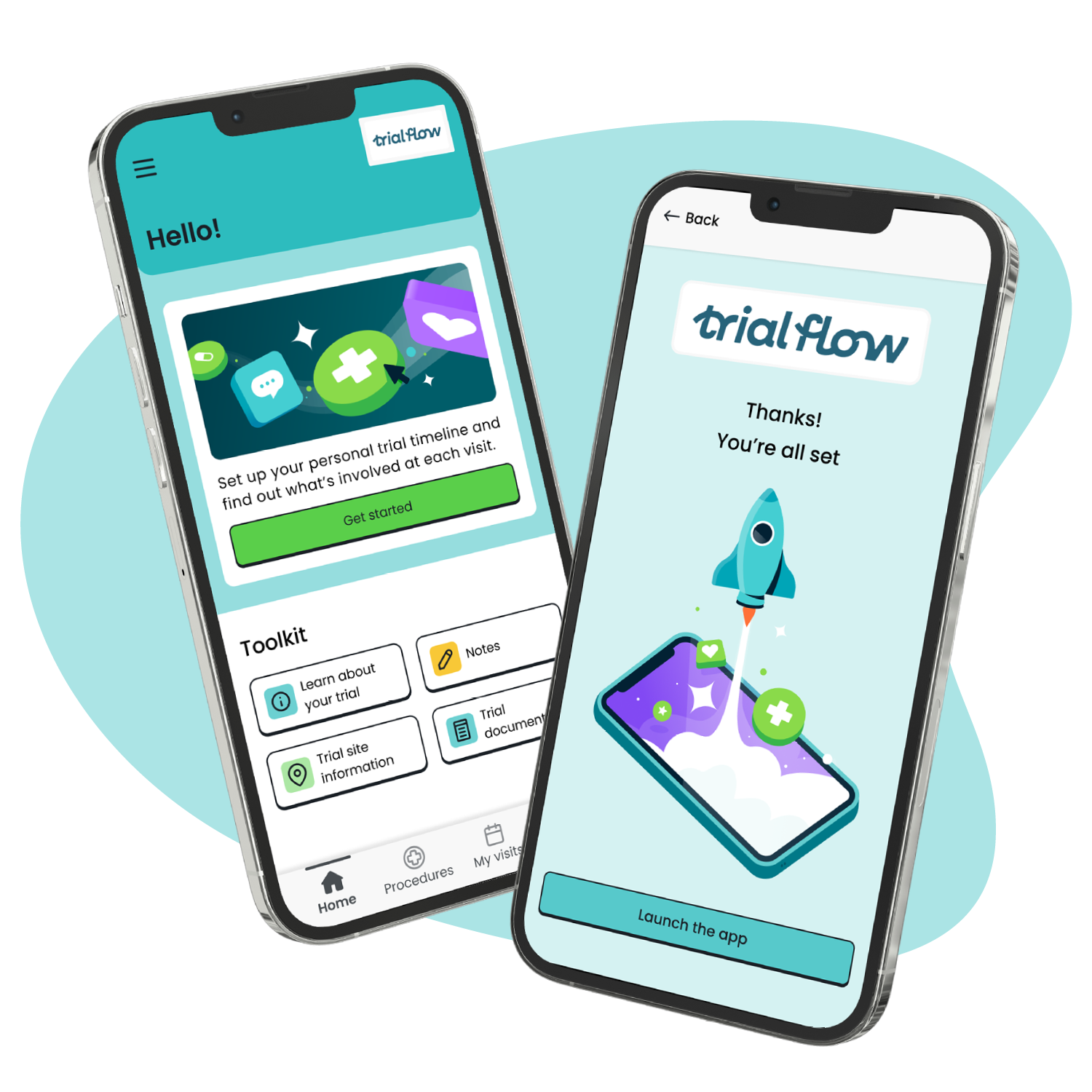 Two screens showing the Trial Flow app.
