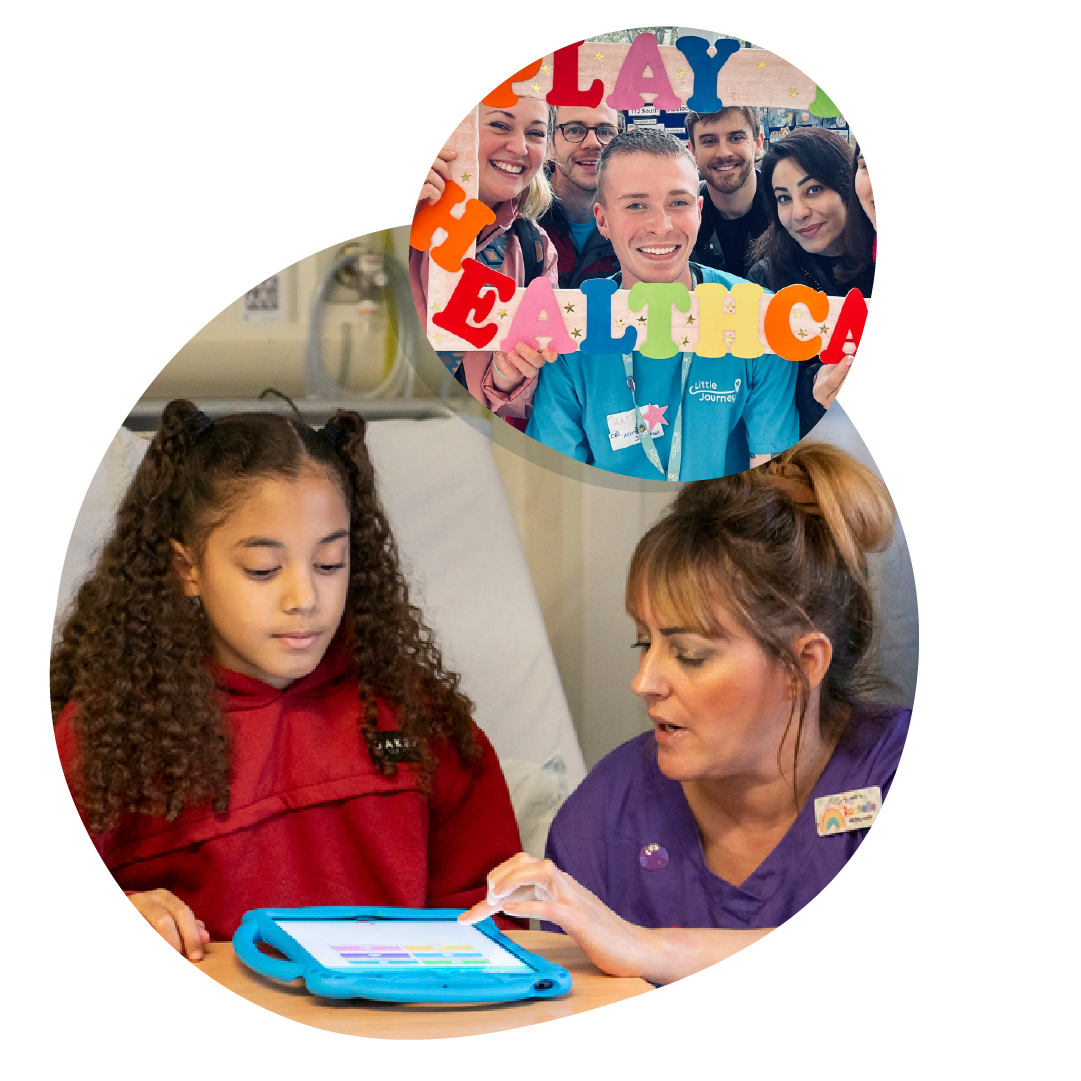 In one circle, a Health Play Specialist is using the Little Journey app on a tablet with a young patient. In the bubble above, the Little Journey team are posing with a frame saying 'Play in Healthcare' In one circle, a Health Play Specialist is using the Little Journey app on a tablet with a young patient. In the bubble above, the Little Journey team are posing with a frame saying 'Play in Healthcare'