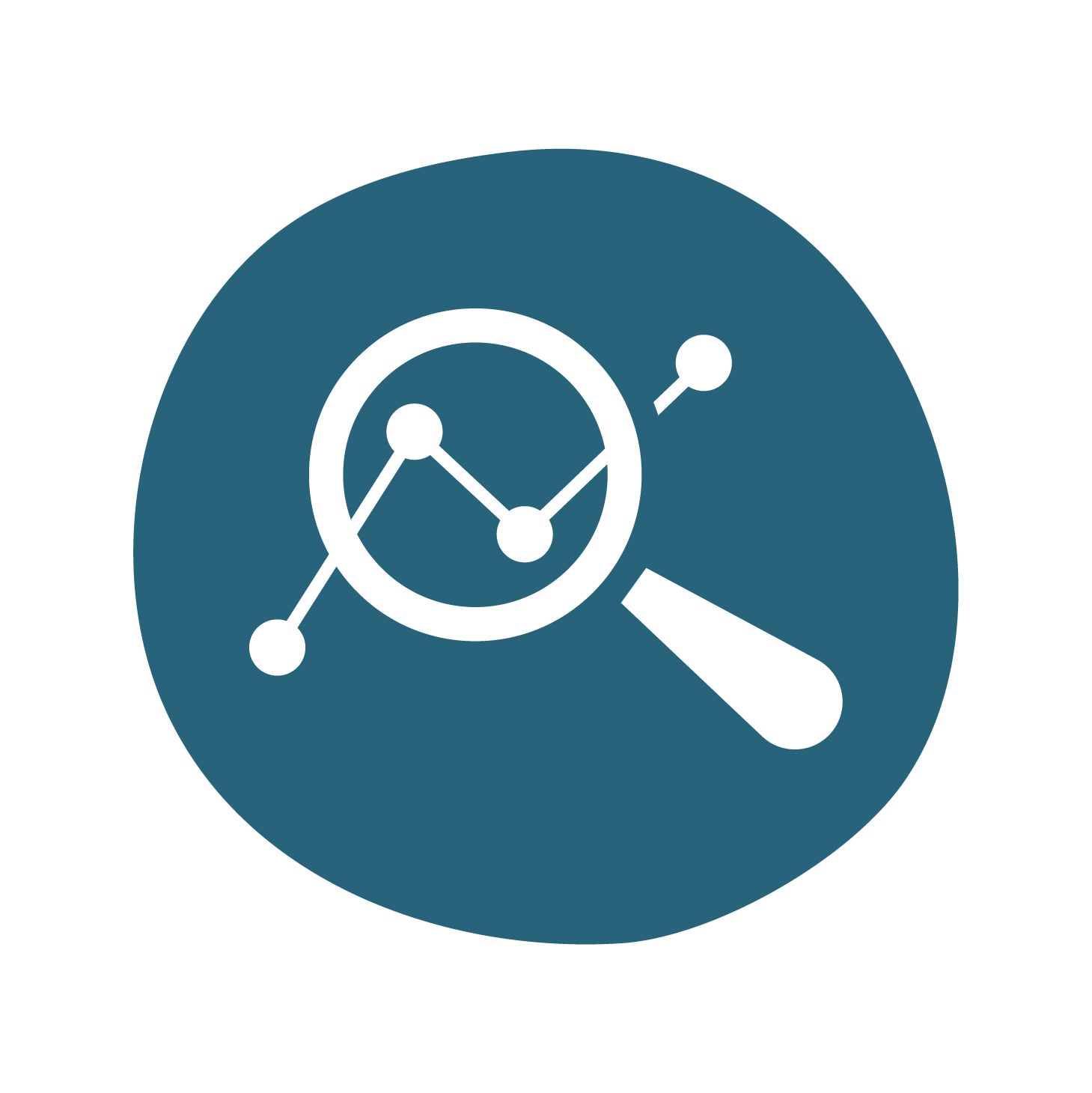 A white magnifying glass icon is inspecting a graph on a dark blue circular background A white magnifying glass icon is inspecting a graph on a dark blue circular background