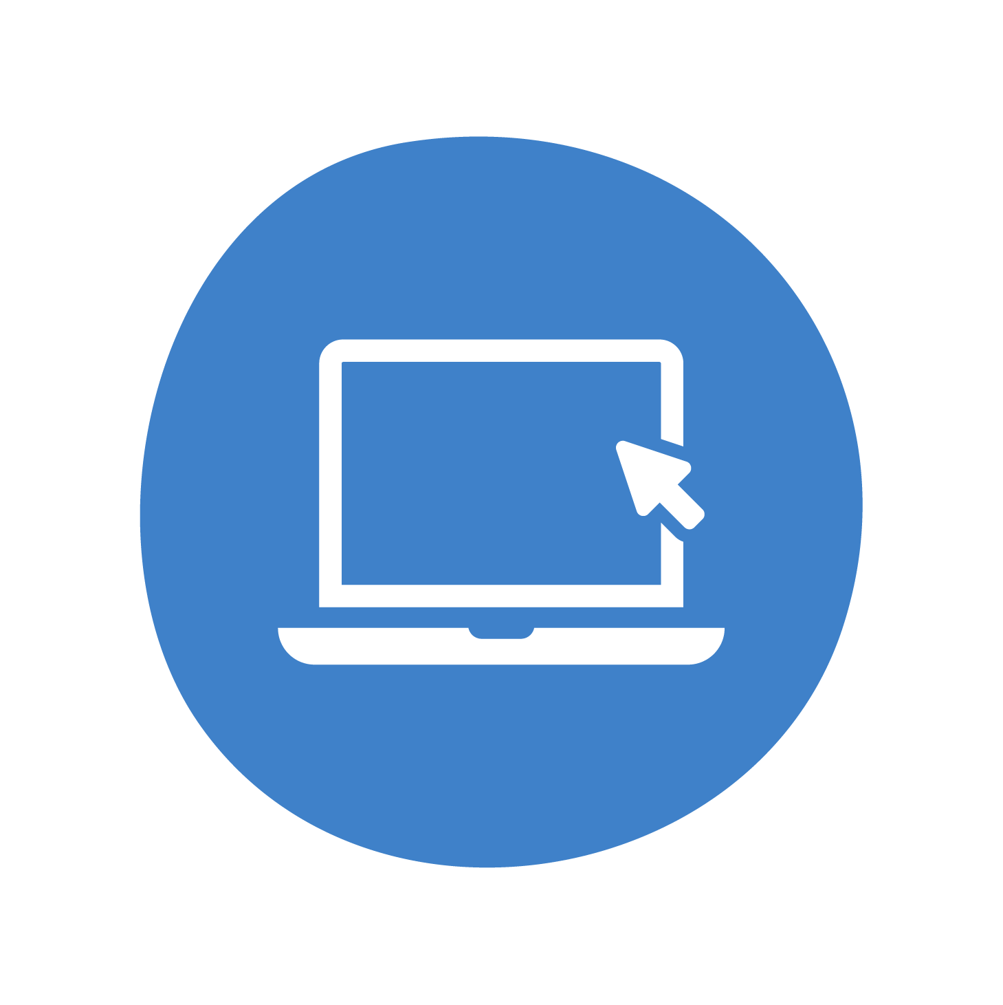An icon of a laptop, with the mouse curser in the top corner on a blue circular background An icon of a laptop, with the mouse curser in the top corner on a blue circular background