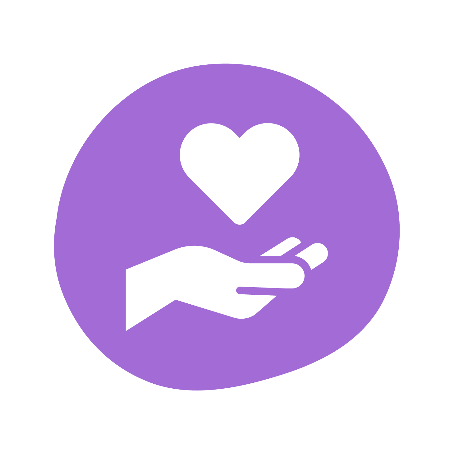 A cupped hand with a love heart floating above it on a purple circular background A cupped hand with a love heart floating above it on a purple circular background