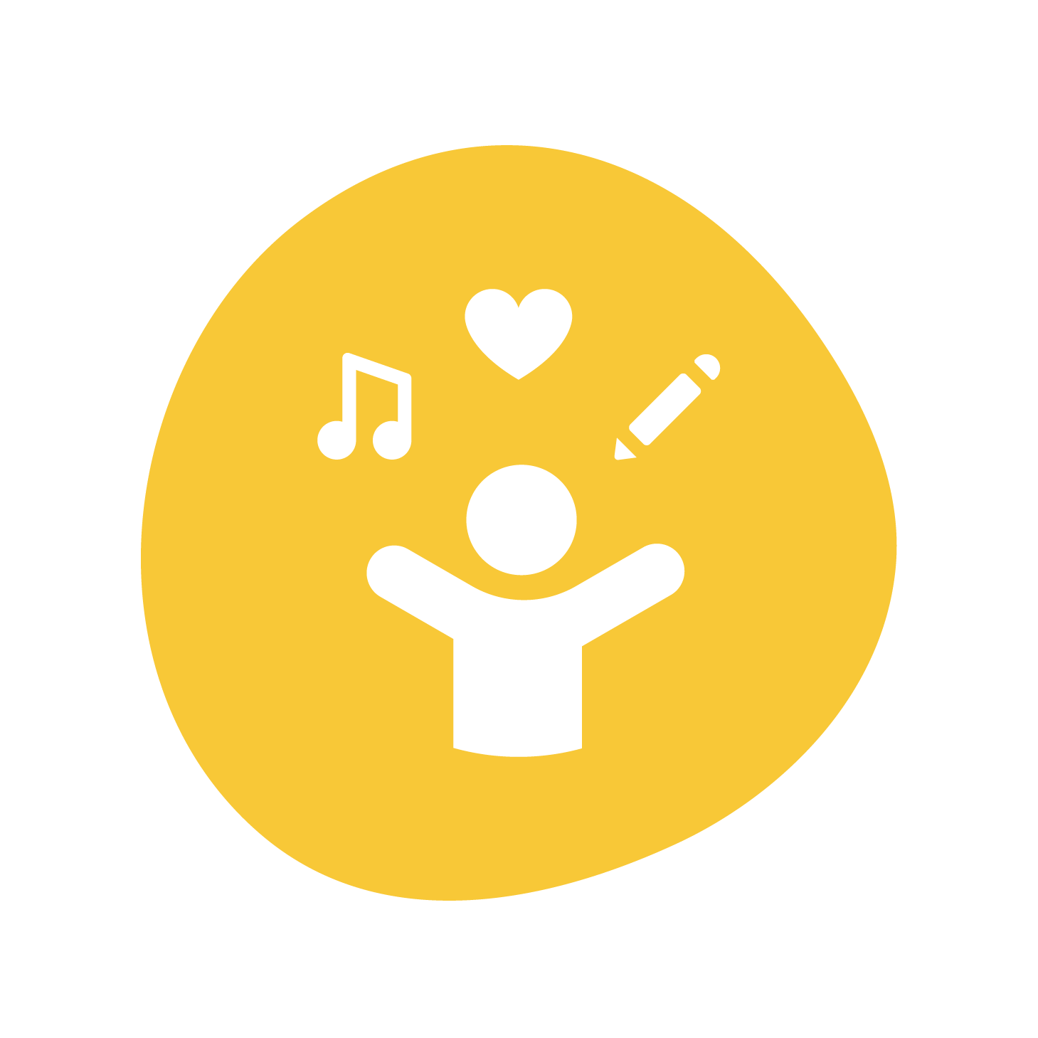 Character surrounded by a music note, love heart and a crayon on a yellow circular background.