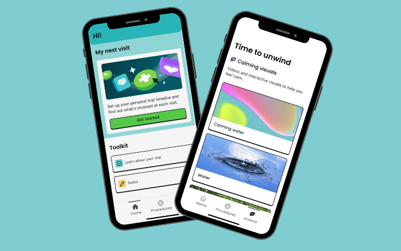 Screens showing the user interface for teenagers on the homepage and unwind area Screens showing the user interface for teenagers on the homepage and unwind area