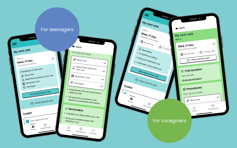 Example screens showing the differences between My Next Visit for teens and My Next Visit for caregivers Example screens showing the differences between My Next Visit for teens and My Next Visit for caregivers